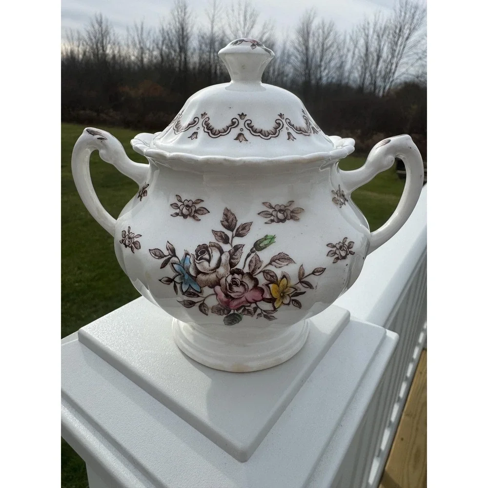 VTG MCM J&G Meakin Chatsworth Creamer & Sugar Bowl Set  White England Floral